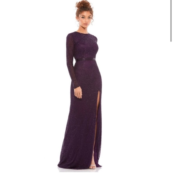 Mac Duggal Dresses Mac Duggal Bugle Bead Long Sleeve Sheath Gown In